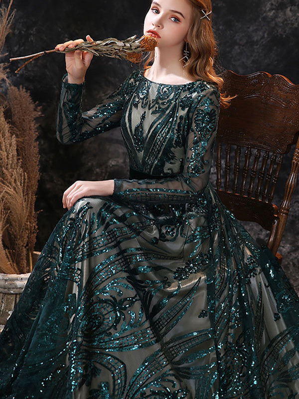 A-Line/Princess Scoop Neck Long Sleeves Court Train Evening Dresses With Lace BabaMila