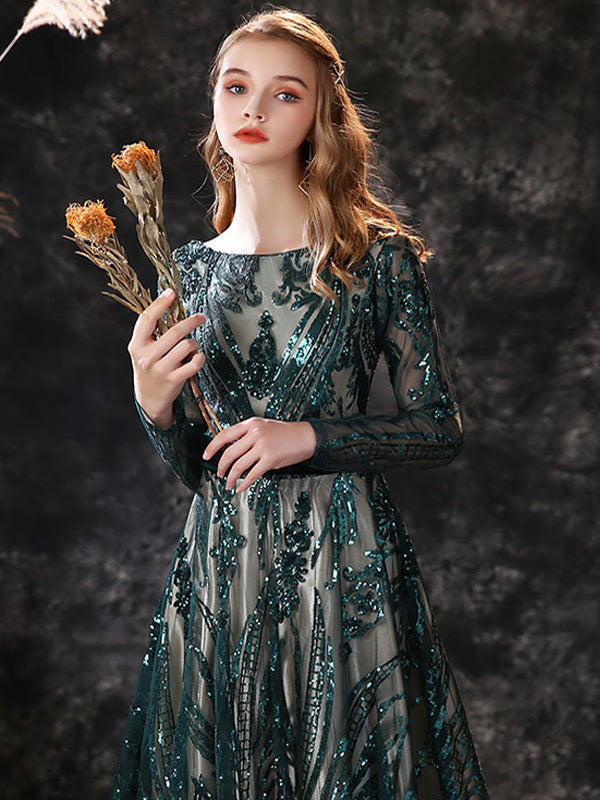 A-Line/Princess Scoop Neck Long Sleeves Court Train Evening Dresses With Lace BabaMila