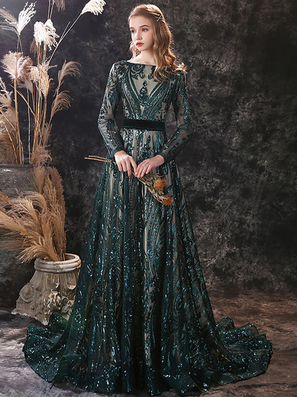 A-Line/Princess Scoop Neck Long Sleeves Court Train Evening Dresses With Lace BabaMila