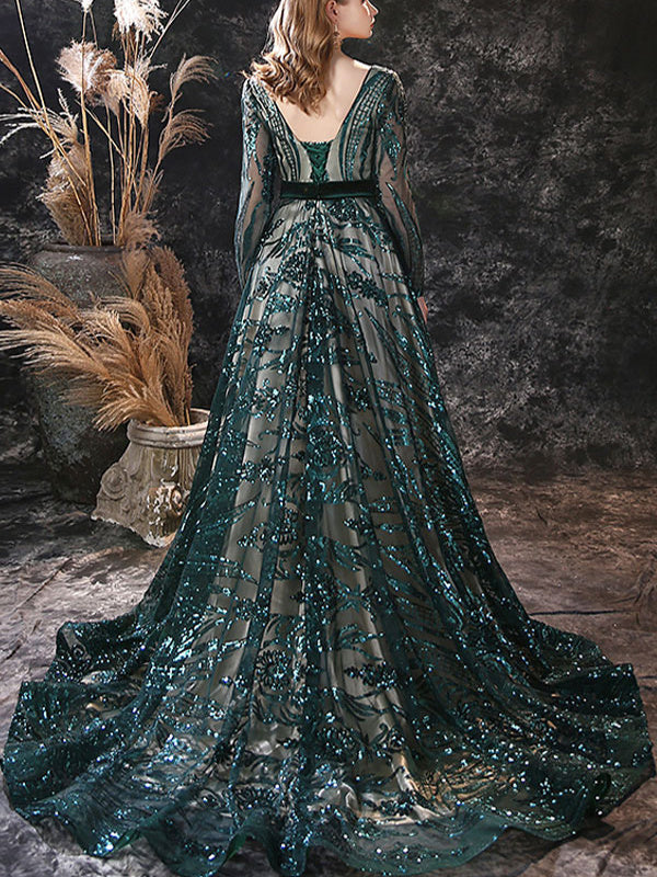 A-Line/Princess Scoop Neck Long Sleeves Court Train Evening Dresses With Lace BabaMila