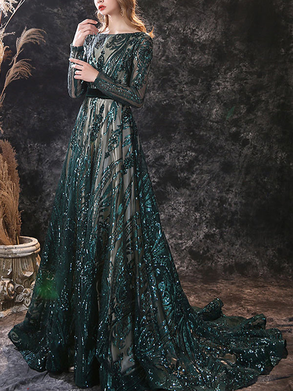 A-Line/Princess Scoop Neck Long Sleeves Court Train Evening Dresses With Lace BabaMila