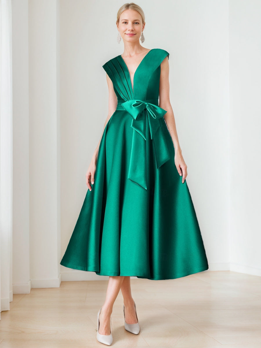 A-Line V-Neck Sleeveless Elegant Pleated Mother Of The Bride & Groom Dresses With Bow Belt & Pocket BabaMila