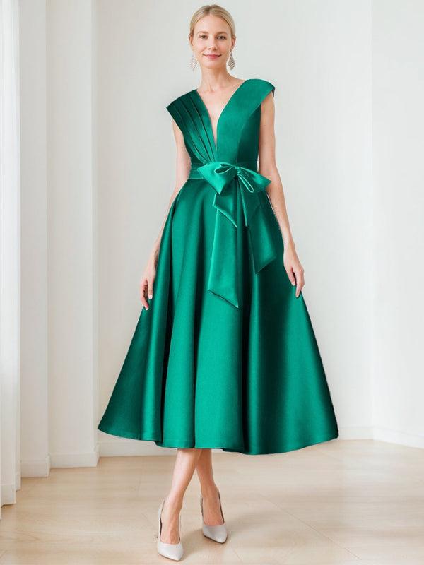 A-Line V-Neck Sleeveless Elegant Pleated Mother Of The Bride & Groom Dresses With Bow Belt & Pocket BabaMila