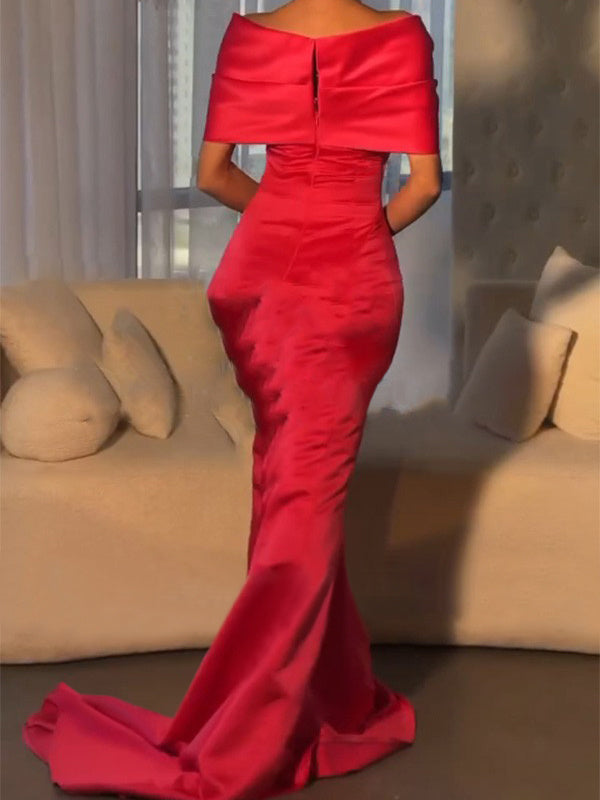 Trumpet/Mermaid Off-the-Shoulder Short Sleeves Sweep Train Evening Dresses With Beading BabaMila