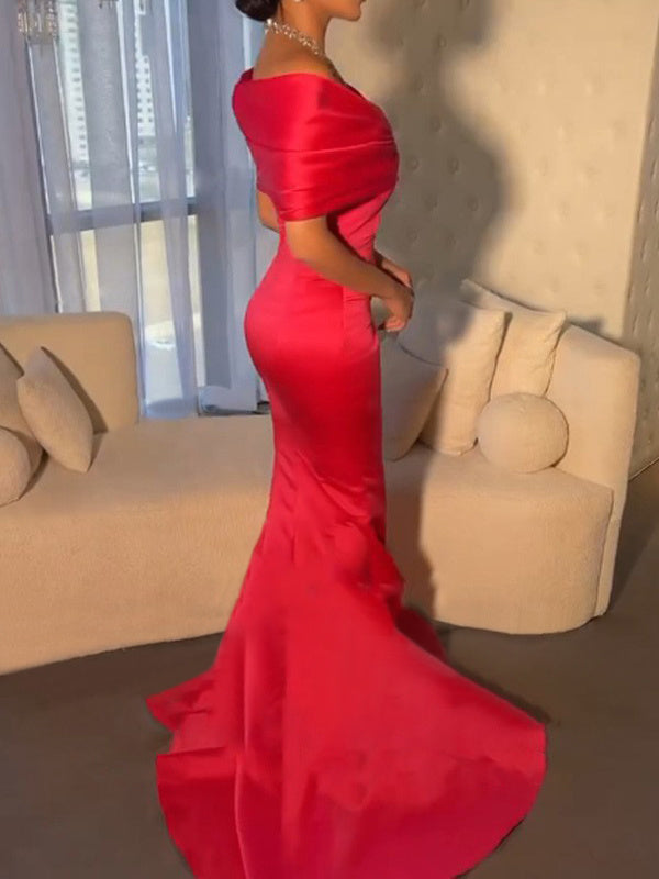 Trumpet/Mermaid Off-the-Shoulder Short Sleeves Sweep Train Evening Dresses With Beading BabaMila