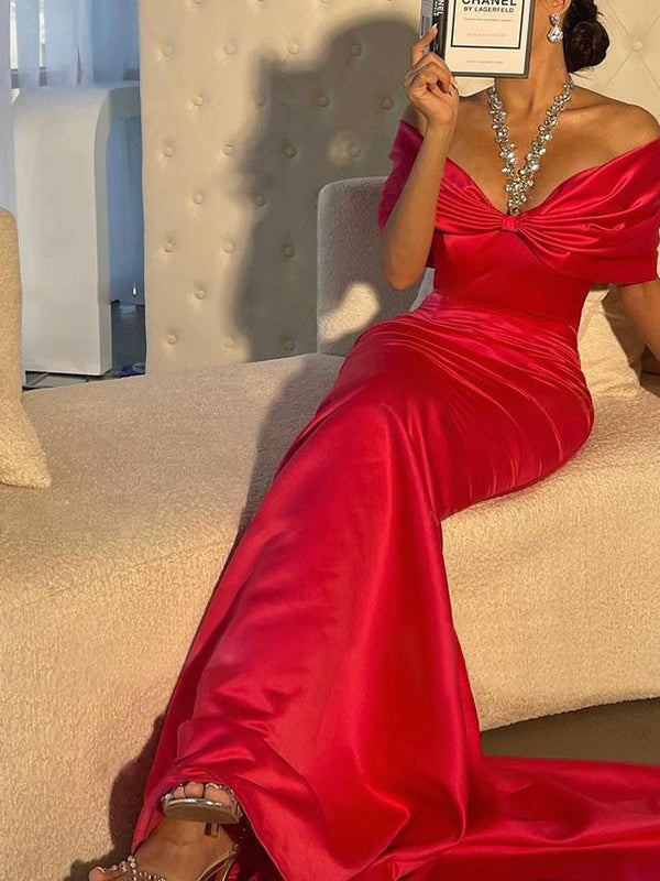 Trumpet/Mermaid Off-the-Shoulder Short Sleeves Sweep Train Evening Dresses With Beading BabaMila