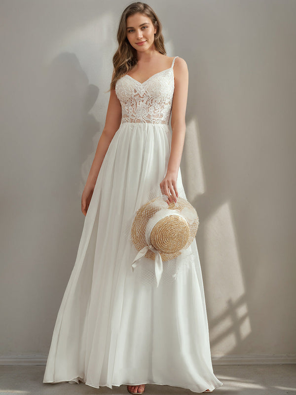 A-Line/Princess Spaghetti Straps V-Neck Lace Wedding Dress with Appliques BabaMila