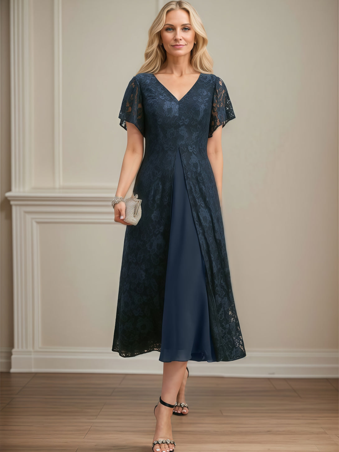 V-Neck Flutter Straps A-Line Tea-Length Lace/Chiffon Mother of the Bride Dress BabaMila