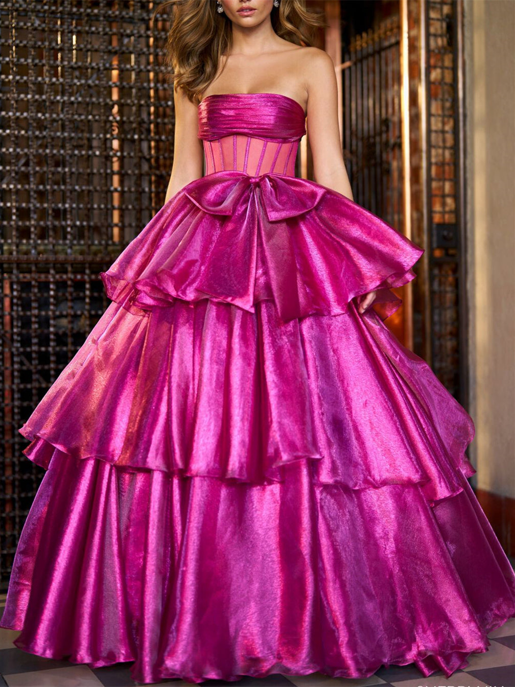 Ball Gown Strapless Satin Floor-Length Evening Dresses with Cascading Ruffles BabaMila