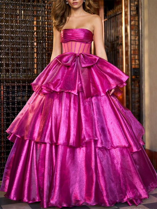 Ball Gown Strapless Satin Floor-Length Evening Dresses with Cascading Ruffles BabaMila