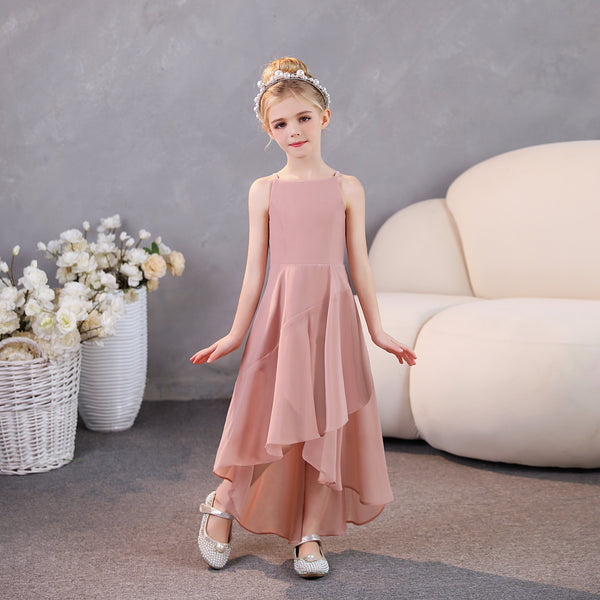 Girls Birthday Dresses Simple Boat Neck Spaghetti Straps Chiffon Asymmetrical Junior Bridesmaid Dress/Party Dresses With Ruffled Hem Gidiondress