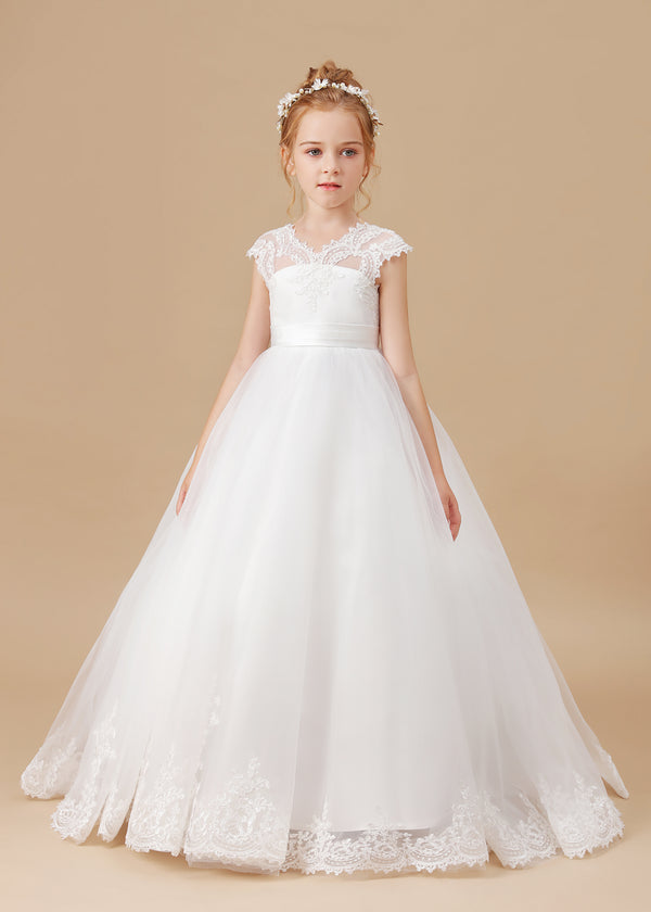 Ball Gown Sleeveless V-Neck Sweep Train Floor-Length Lace/Tulle/Satin Flower Girl Dresses/First Communion Dress With Appliques/Belt Girls Gidiondress
