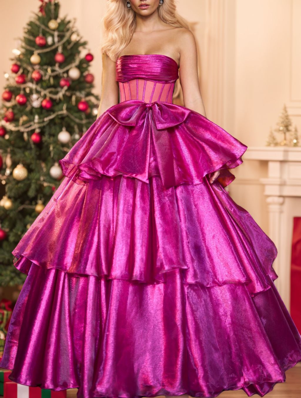 Ball Gown Strapless Satin Floor-Length Evening Dresses with Cascading Ruffles BabaMila
