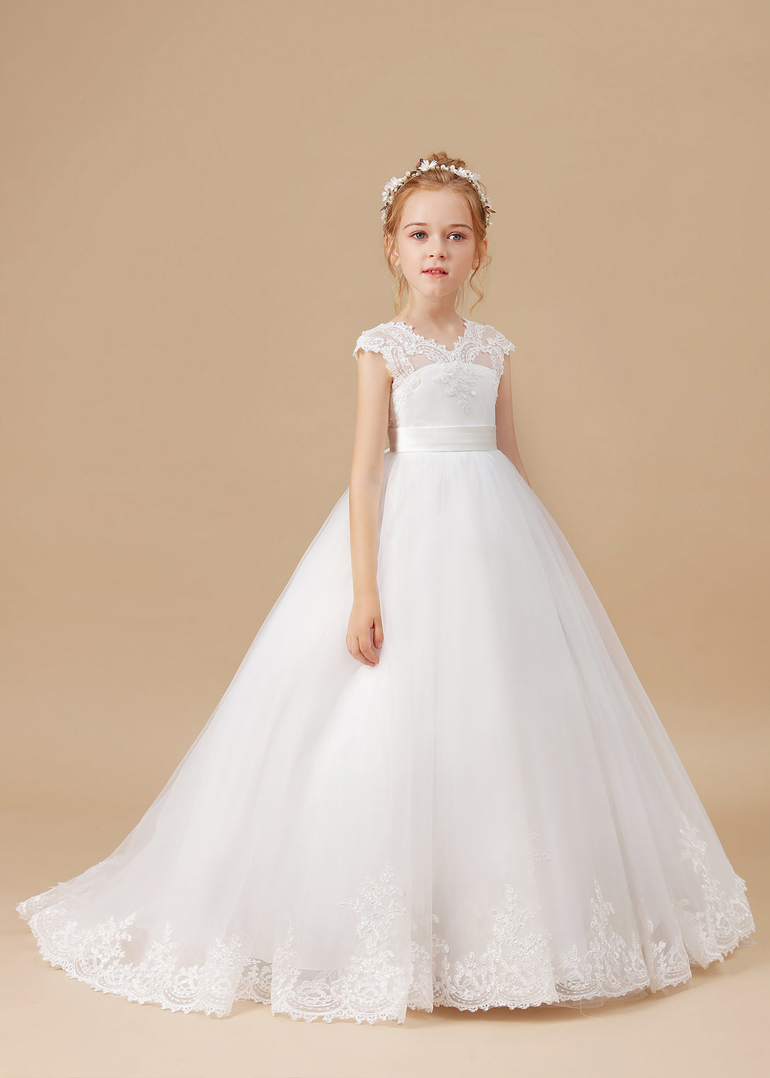 Ball-Gown/Princess Scoop Floor-Length Tulle/Lace Applique Flower Girl Dress/First Communion Dress With Belt Girls Gidiondress