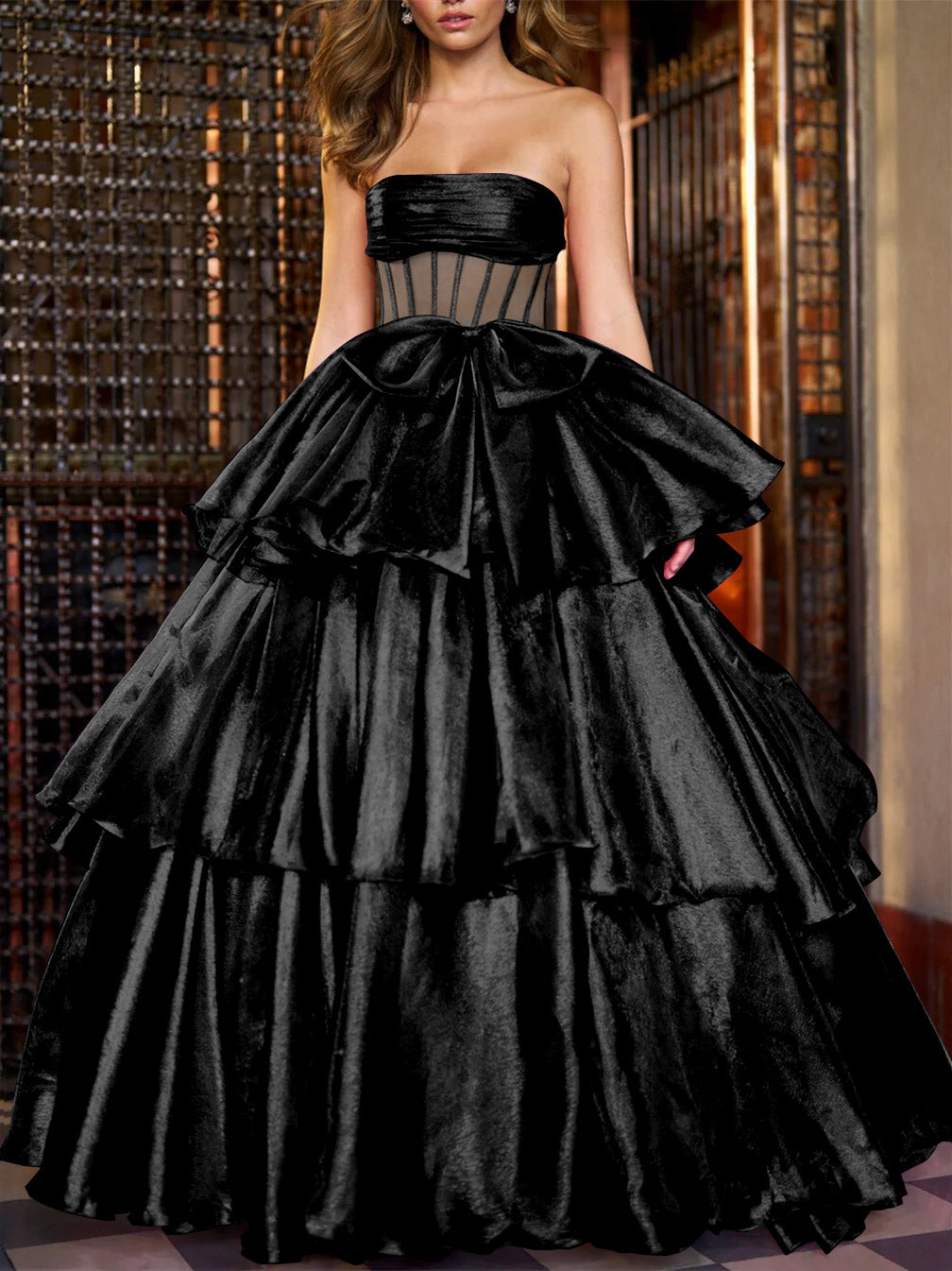 Ball Gown Strapless Satin Floor-Length Evening Dresses with Cascading Ruffles BabaMila