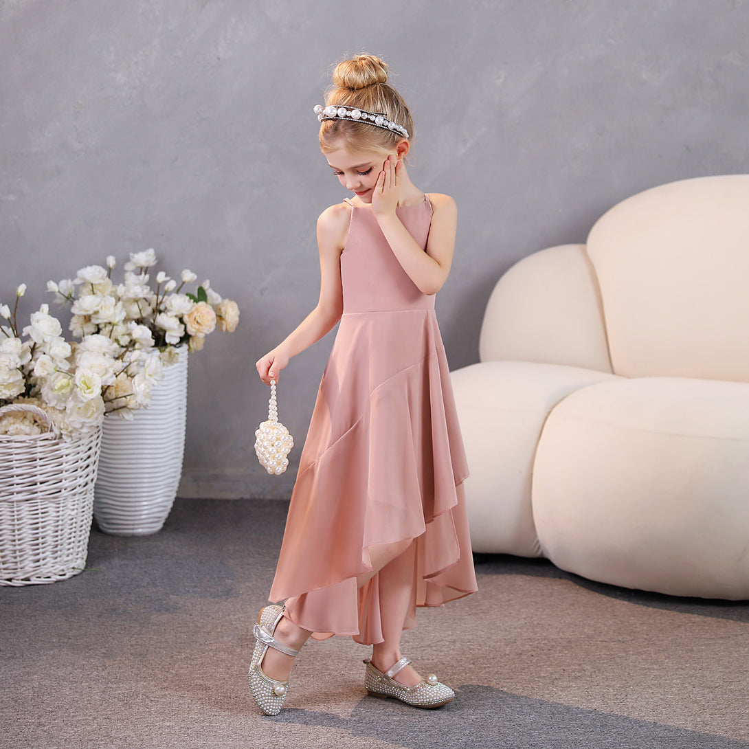 Girls Birthday Dresses Simple Boat Neck Spaghetti Straps Chiffon Asymmetrical Junior Bridesmaid Dress/Party Dresses With Ruffled Hem Gidiondress