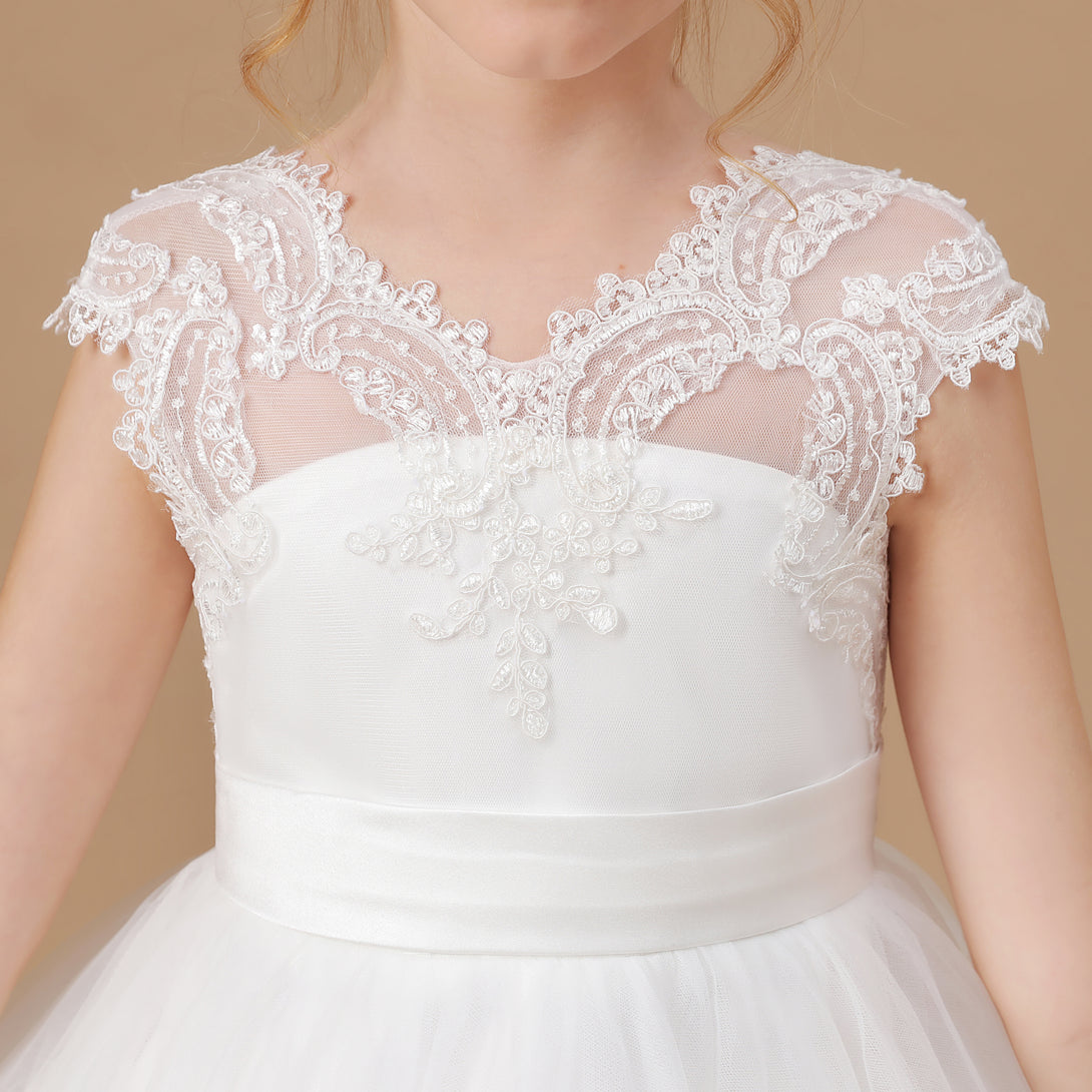 Ball Gown Sleeveless V-Neck Sweep Train Floor-Length Lace/Tulle/Satin Flower Girl Dresses/First Communion Dress With Appliques/Belt Girls Gidiondress