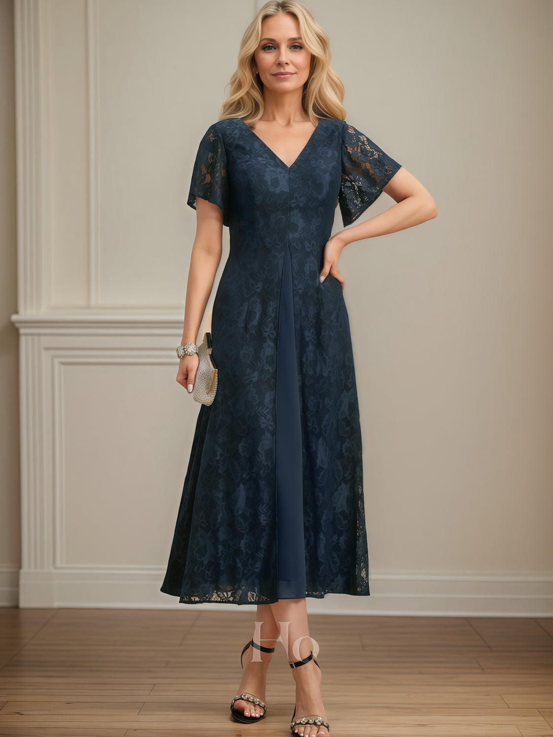 V-Neck Flutter Straps A-Line Tea-Length Lace/Chiffon Mother of the Bride Dress BabaMila