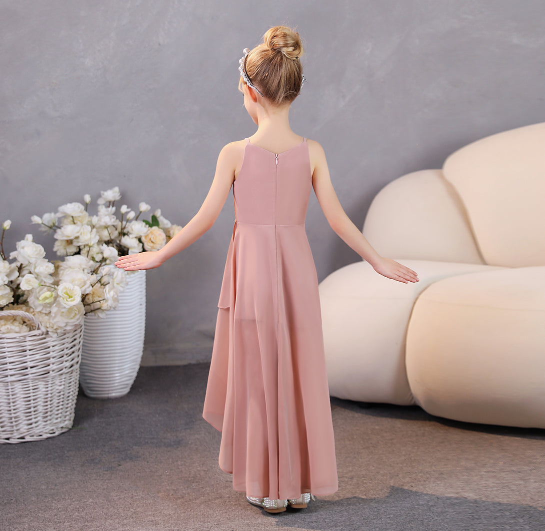Girls Birthday Dresses Simple Boat Neck Spaghetti Straps Chiffon Asymmetrical Junior Bridesmaid Dress/Party Dresses With Ruffled Hem Gidiondress