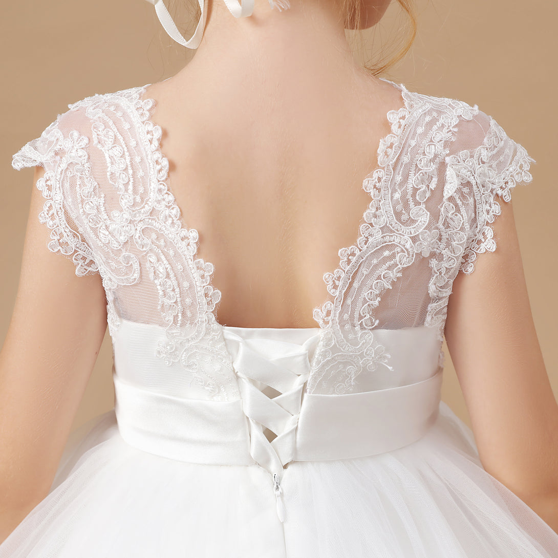 Ball Gown Sleeveless V-Neck Sweep Train Floor-Length Lace/Tulle/Satin Flower Girl Dresses/First Communion Dress With Appliques/Belt Girls Gidiondress
