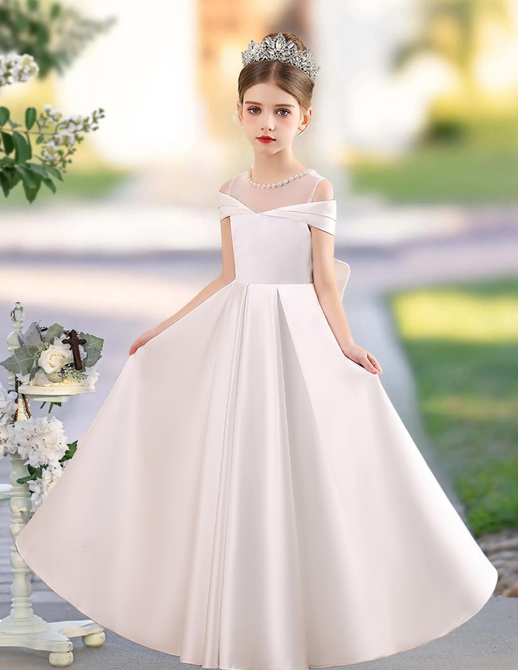 A-line Scoop Neck Floor-Length Satin Flower Girl Dress With Bow BabaMila