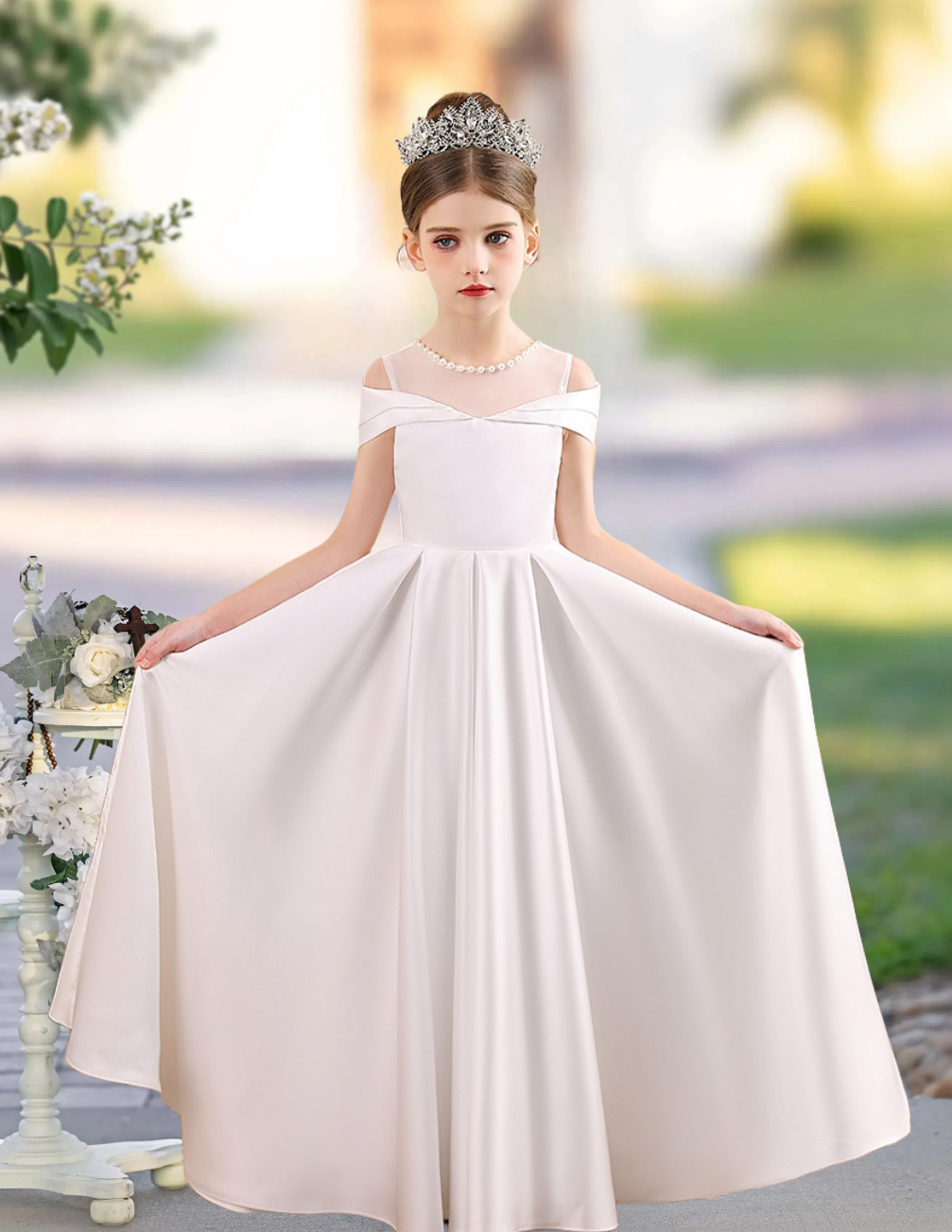 A-line Scoop Neck Floor-Length Satin Flower Girl Dress With Bow BabaMila Ivory 12M