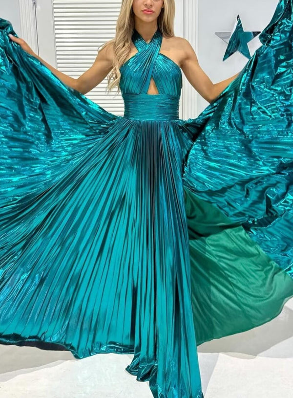 A-Line/Princess Halter Sleeveless Floor-Length Long Formal Evening Dresses With Split Side BabaMila