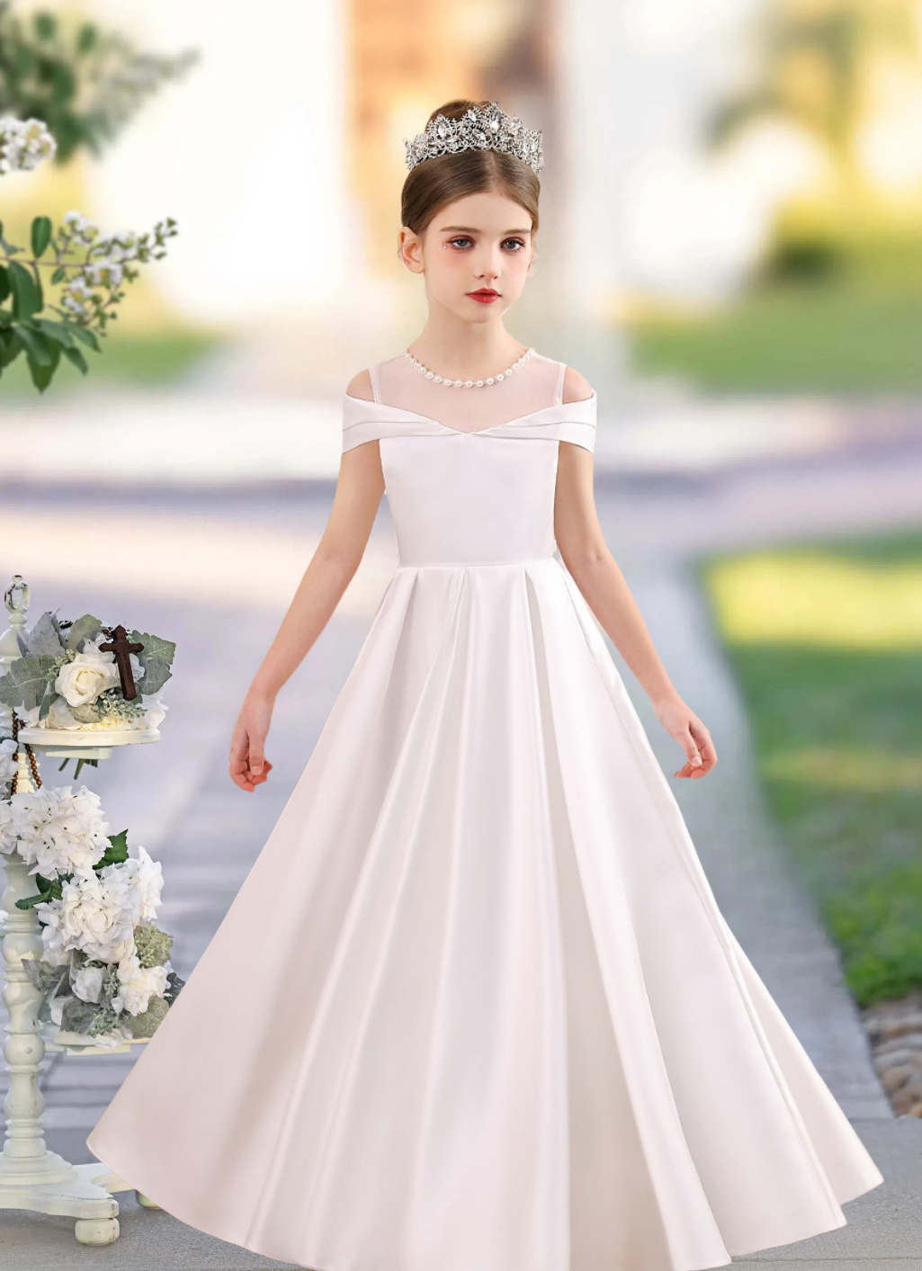 A-line Scoop Neck Floor-Length Satin Flower Girl Dress With Bow BabaMila
