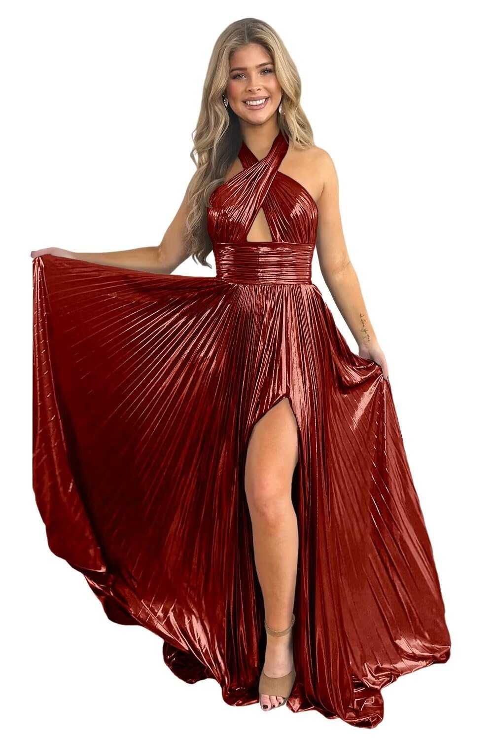 A-Line/Princess Halter Sleeveless Floor-Length Long Formal Evening Dresses With Split Side BabaMila