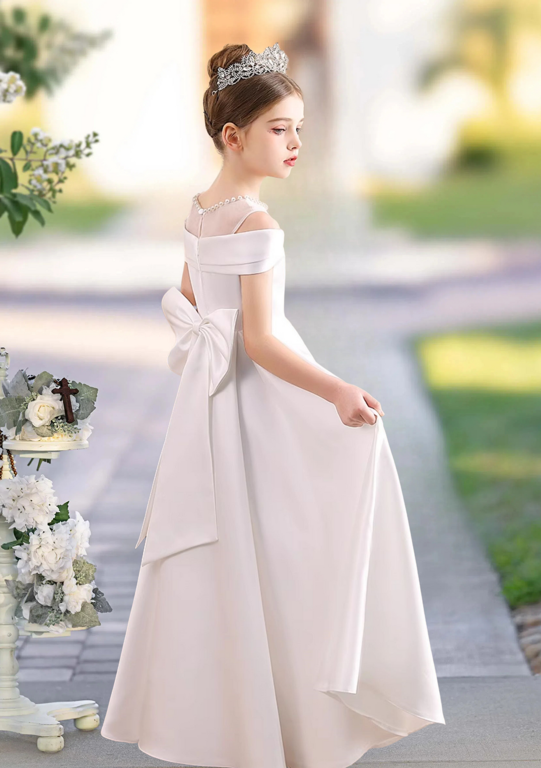 A-line Scoop Neck Floor-Length Satin Flower Girl Dress With Bow BabaMila