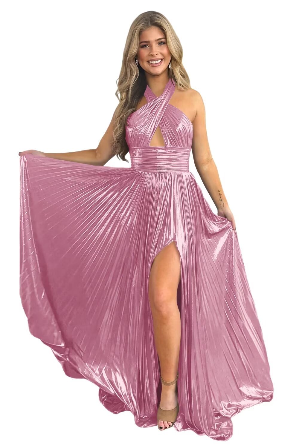 A-Line/Princess Halter Sleeveless Floor-Length Long Formal Evening Dresses With Split Side BabaMila