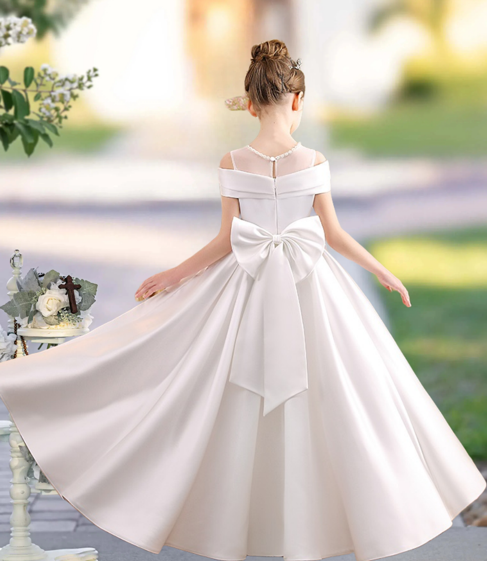 A-line Scoop Neck Floor-Length Satin Flower Girl Dress With Bow BabaMila
