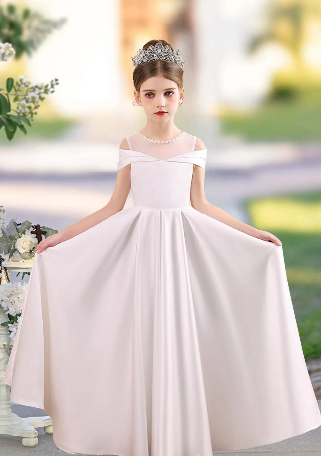 A-line Scoop Neck Floor-Length Satin Flower Girl Dress With Bow BabaMila