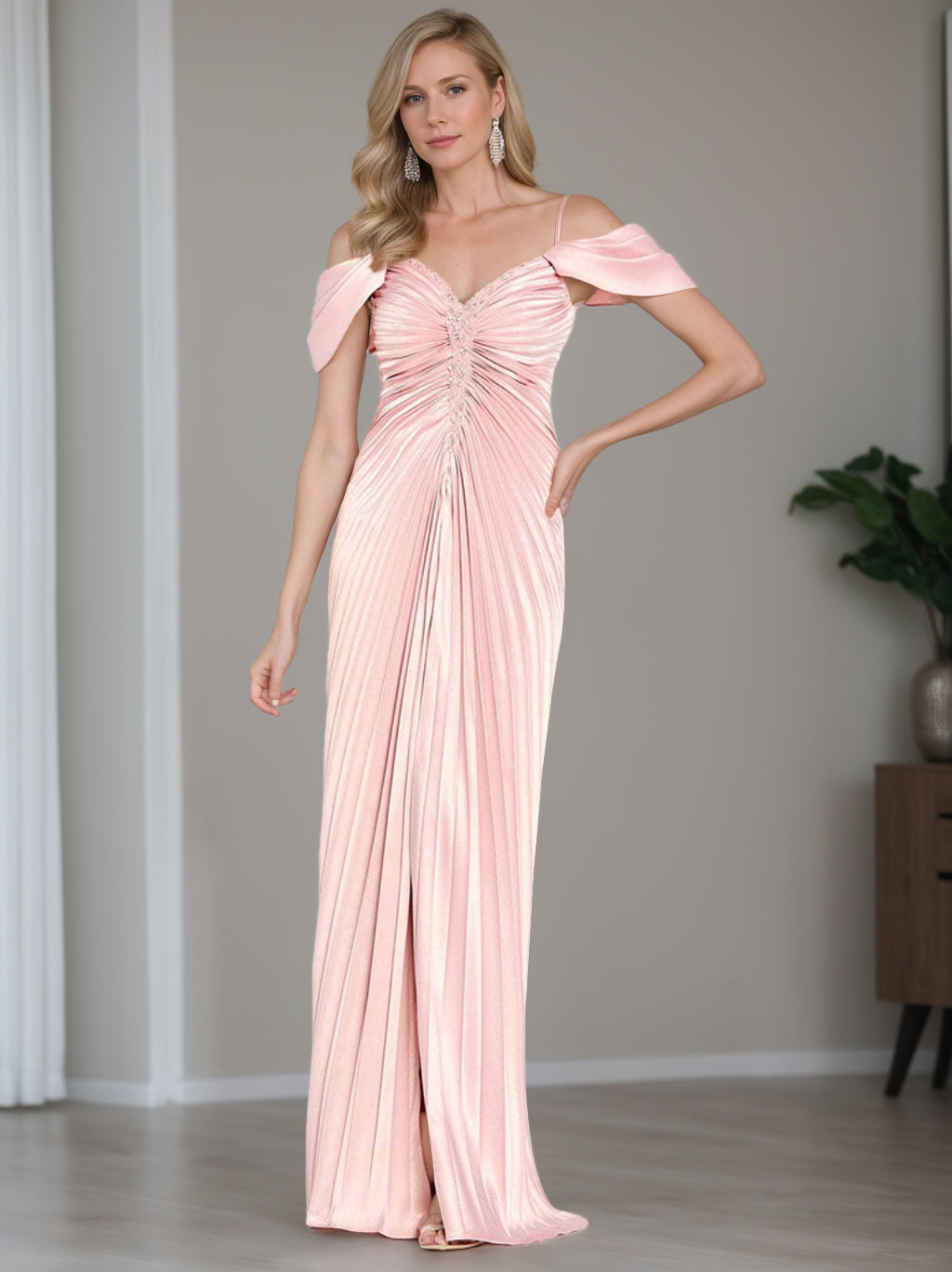 Sheath/Column Cold Shoulder Short Sleeves Floor-Length Mother of The Bride Dresses With Ruffles BabaMila