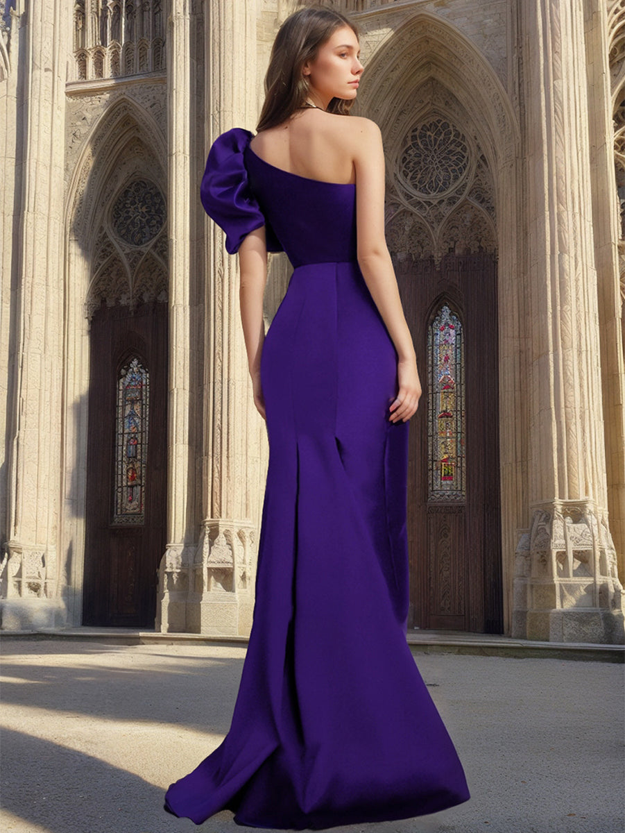 Elegant Sheath/Column One-Shoulder Asymmetrical Satin Mother Of The Bride & Groom Dresses With Bow BabaMila