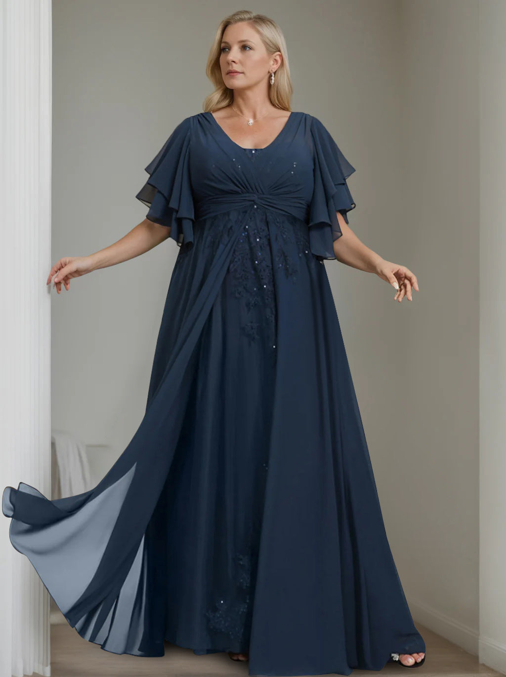 A-Line/Princess V-Neck Half Sleeves Floor-Length Unique Plus Size Mother Of The Bride Dresses With Sequins & Ruffles BabaMila
