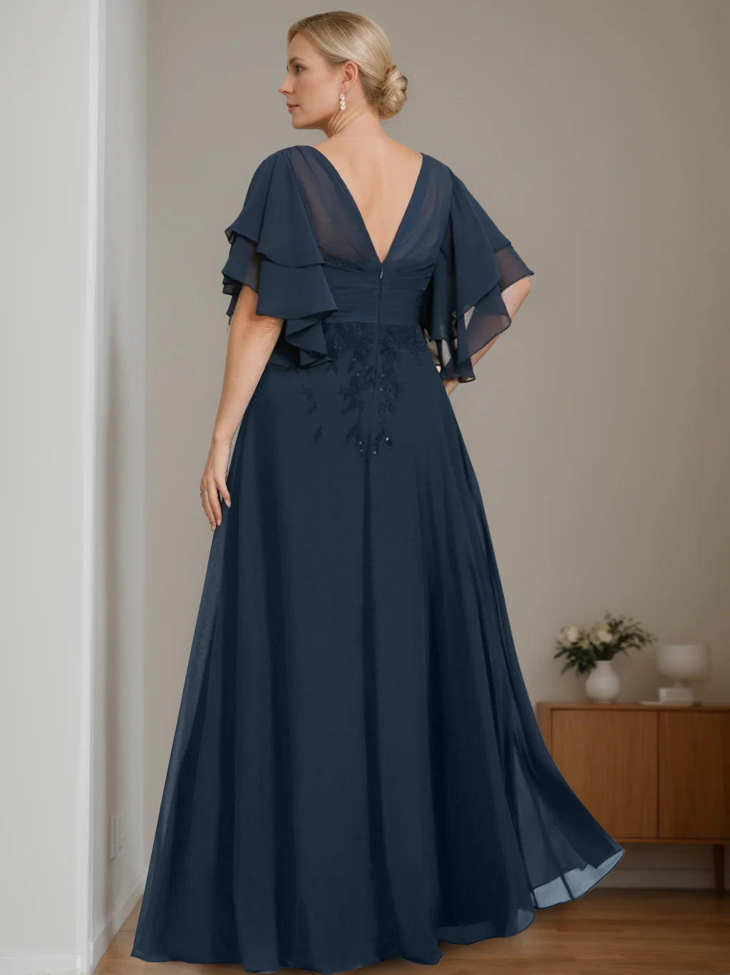 A-Line/Princess V-Neck Half Sleeves Floor-Length Unique Plus Size Mother Of The Bride Dresses With Sequins & Ruffles BabaMila