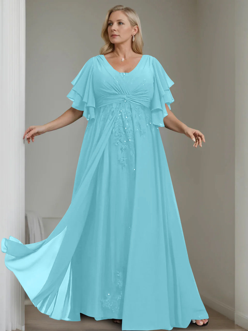 A-Line/Princess V-Neck Half Sleeves Floor-Length Unique Plus Size Mother Of The Bride Dresses With Sequins & Ruffles BabaMila