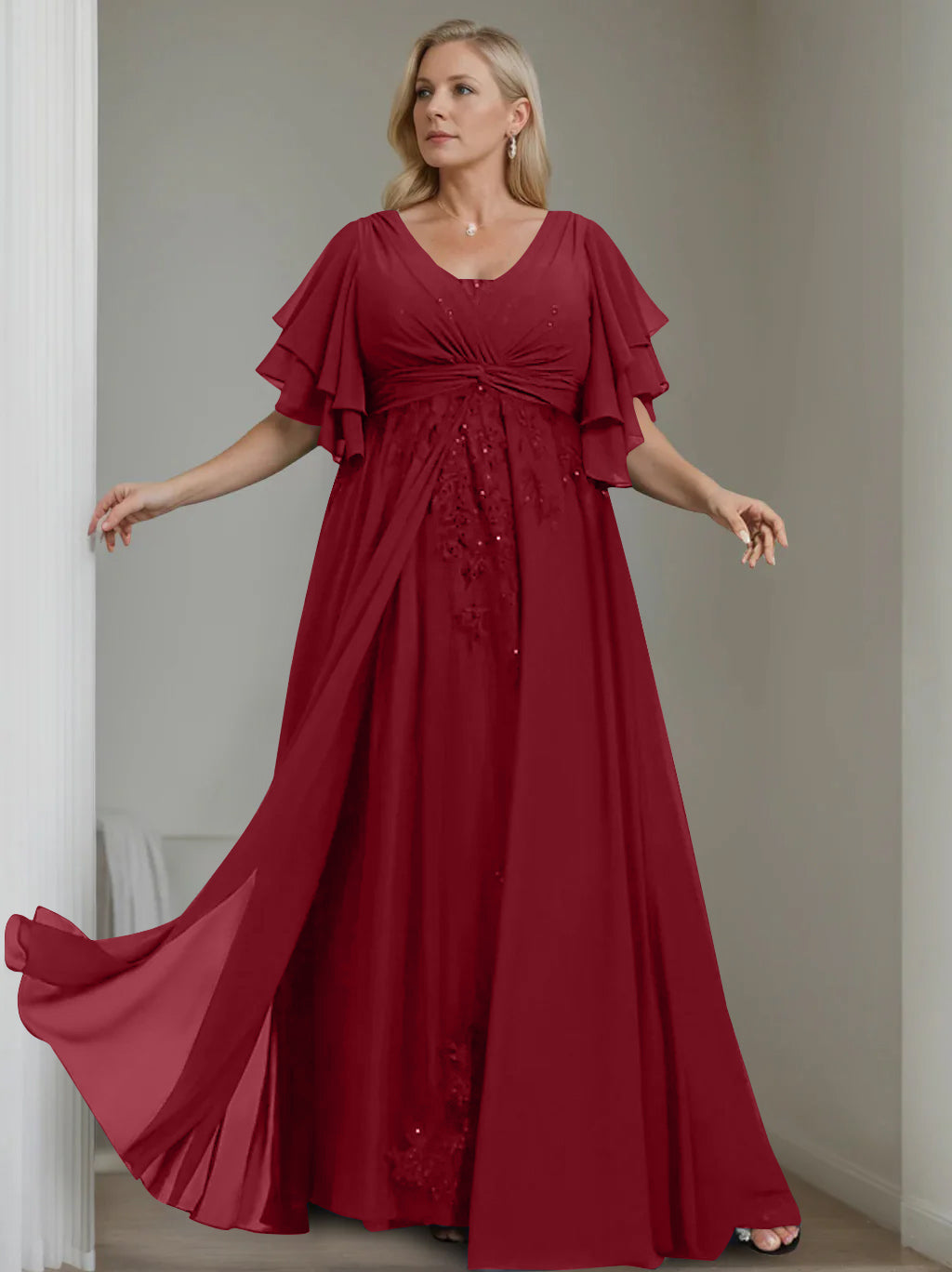 A-Line/Princess V-Neck Half Sleeves Floor-Length Unique Plus Size Mother Of The Bride Dresses With Sequins & Ruffles BabaMila