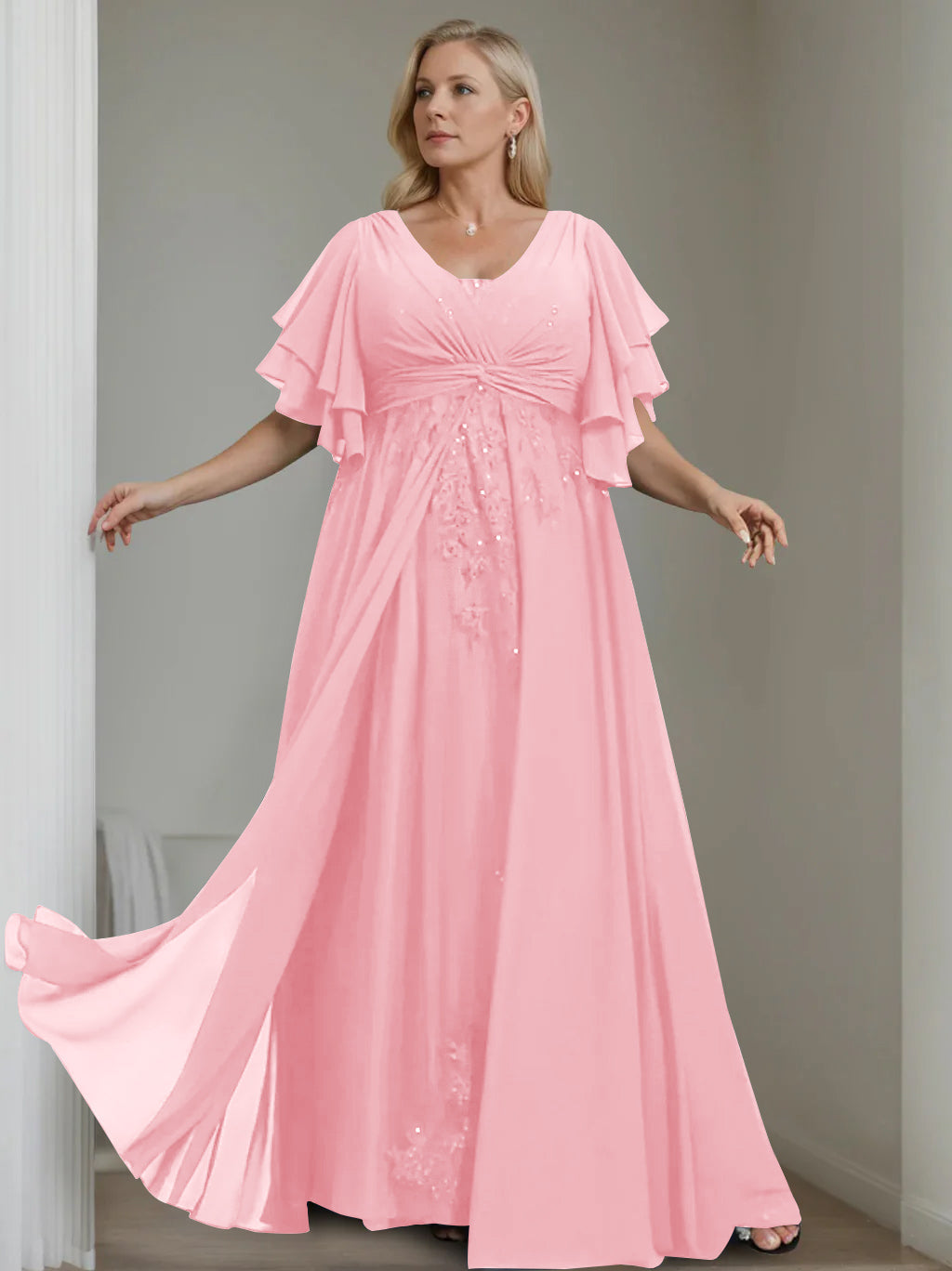 A-Line/Princess V-Neck Half Sleeves Floor-Length Unique Plus Size Mother Of The Bride Dresses With Sequins & Ruffles BabaMila