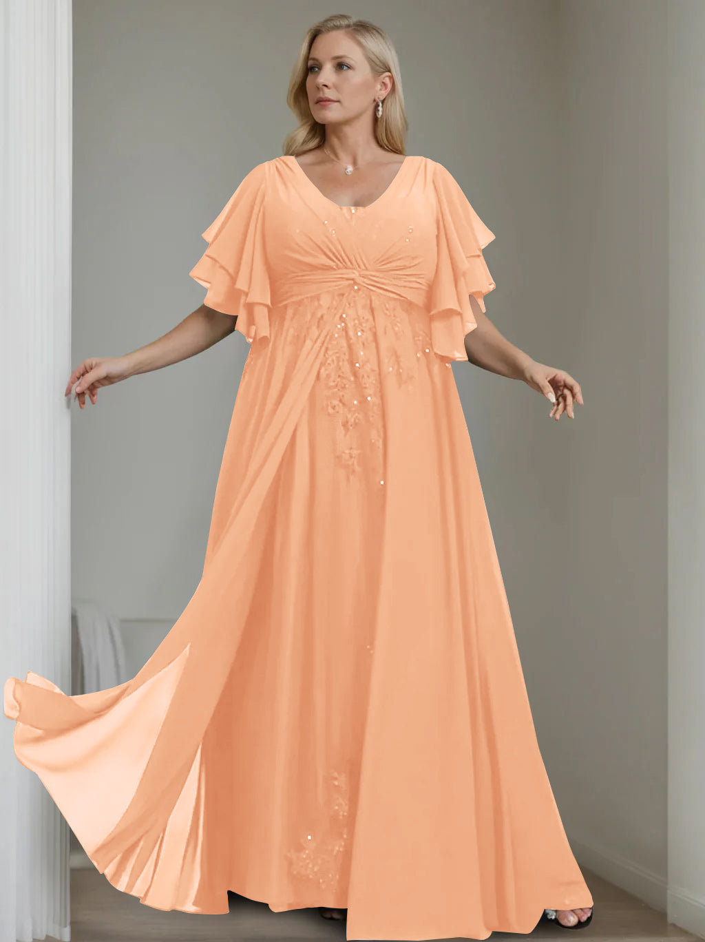 A-Line/Princess V-Neck Half Sleeves Floor-Length Unique Plus Size Mother Of The Bride Dresses With Sequins & Ruffles BabaMila