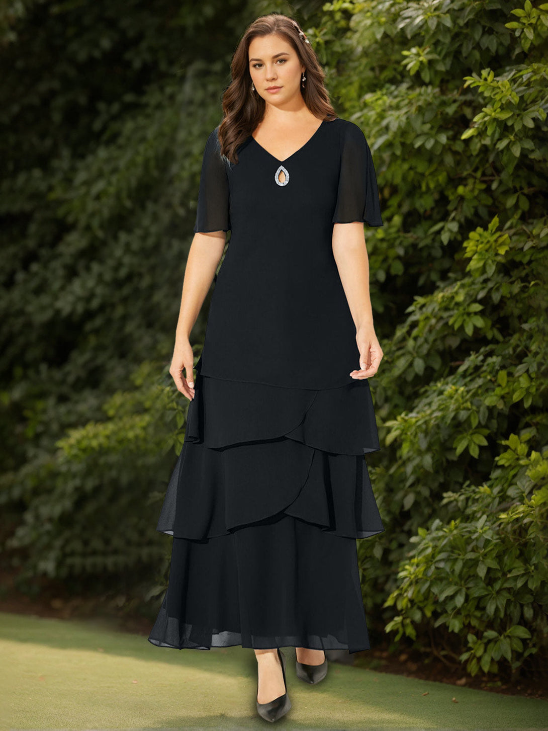 A-Line/Princess V-Neck Short Sleeves Ankle-Length Plus Size Mother Of The Bride/Groom Dresses With Sequins & Ruffles BabaMila