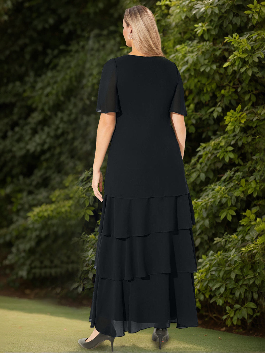 A-Line/Princess V-Neck Short Sleeves Ankle-Length Plus Size Mother Of The Bride/Groom Dresses With Sequins & Ruffles BabaMila