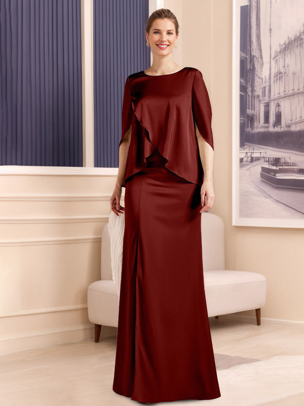 Sheath/Column Scoop Neck Half Sleeves Floor-Length Stretch Satin Plus Size Mother Of The Bride/Groom Dresses BabaMila