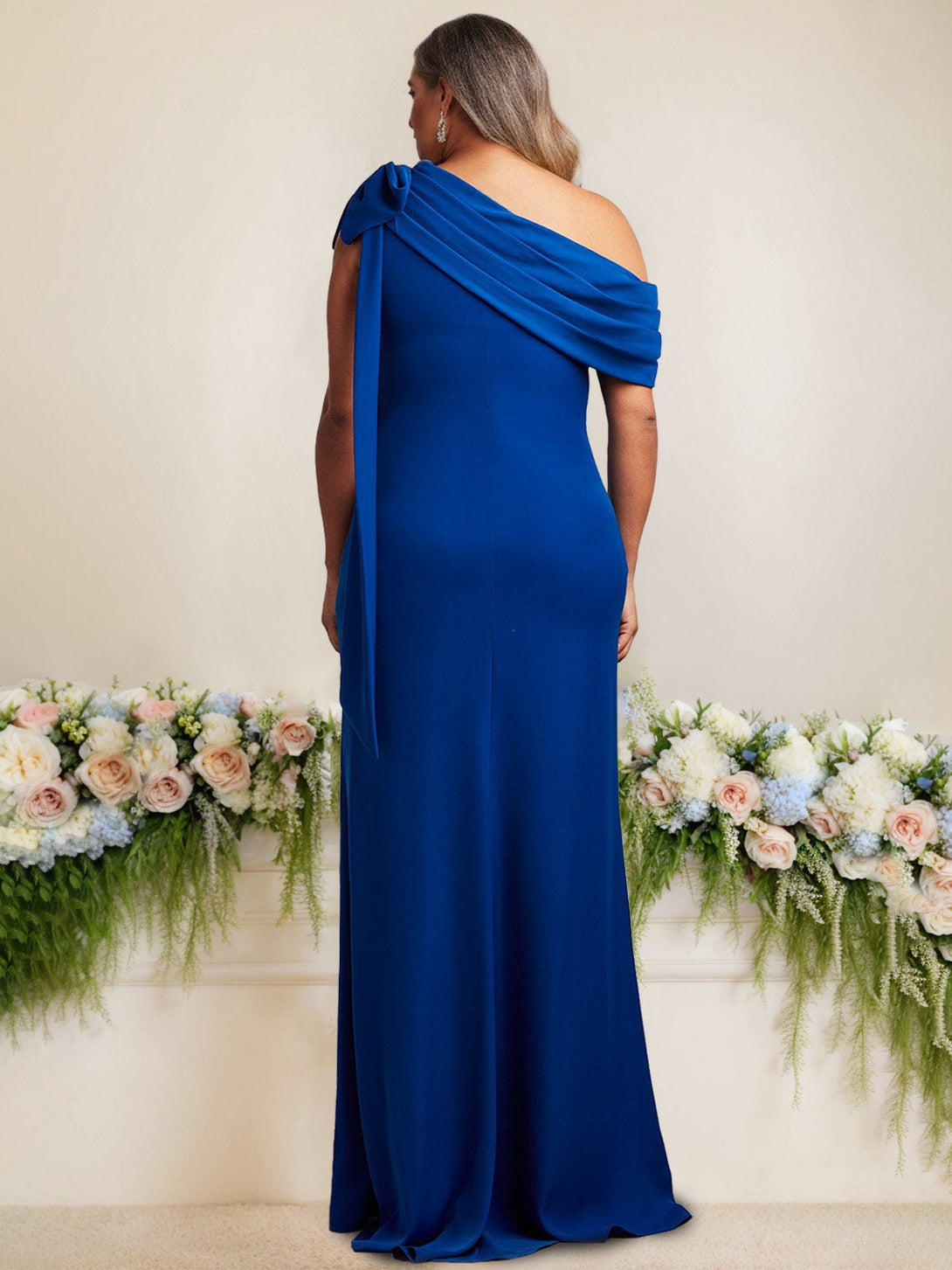 Sheath/Column One-Shoulder Floor-Length Satin Plus Size Mother Of The Bride Dresses With Bow BabaMila