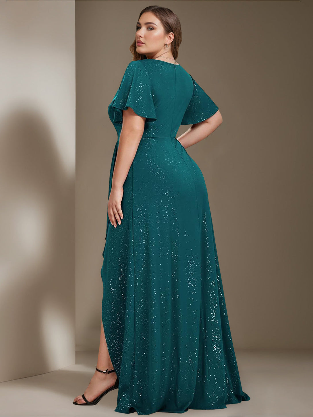 A-Line/Princess Deep V-Neck Short Sleeves Asymmetrical Plus Size Mother Of The Bride Dresses With Ruffles BabaMila