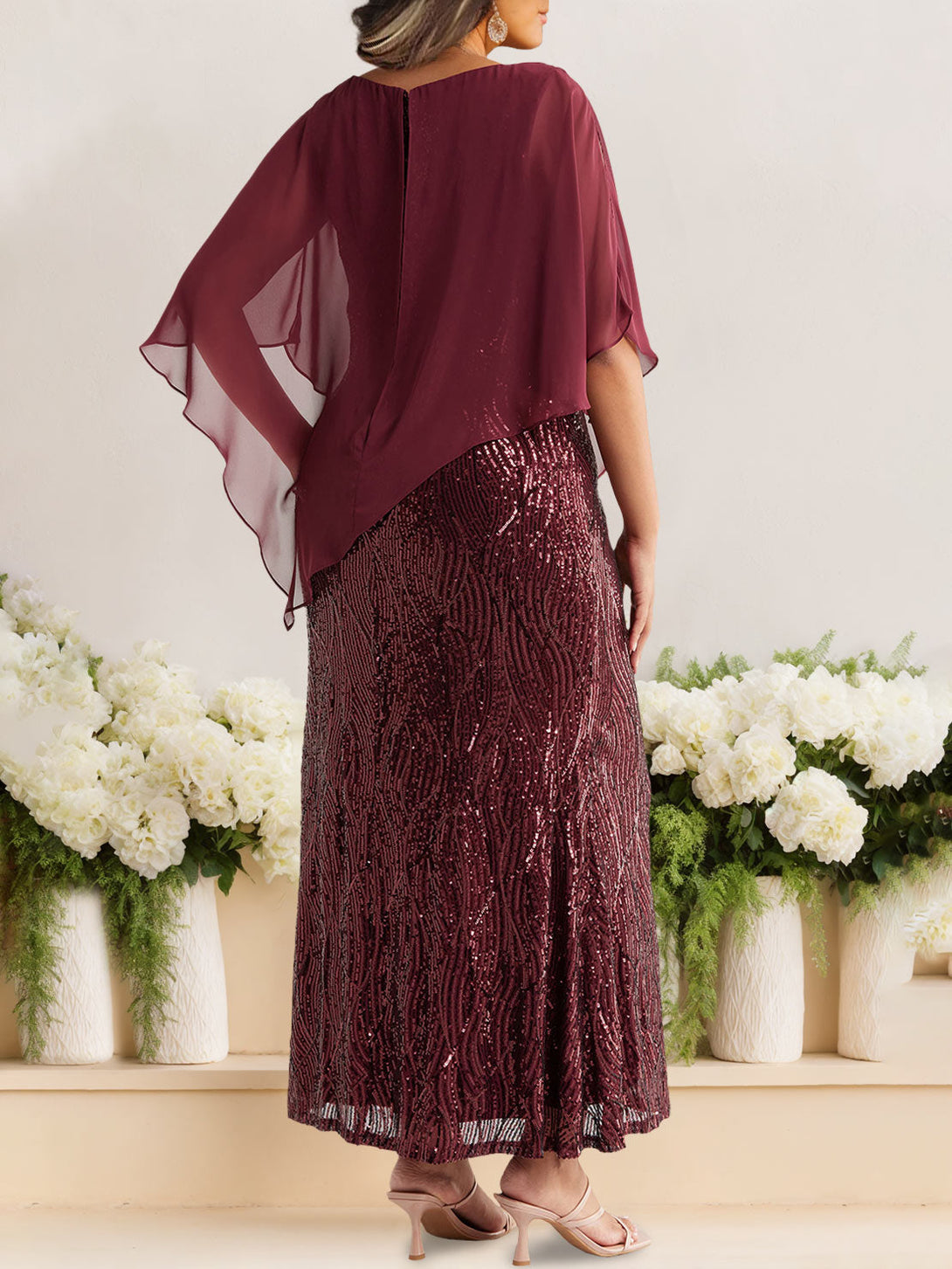 A-Line/Princess Scoop Half Sleeves Ankle-Length Sequined Plus Size Mother Of E Bride Dresses With Wrap BabaMila