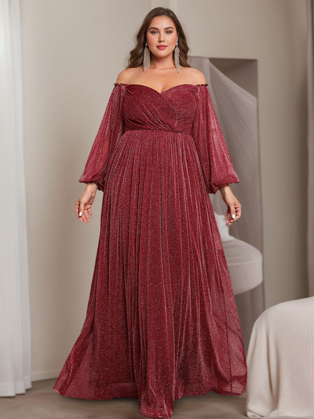 A-Line/Princess Off-The-Shoulder Long Sleeves Floor-Length Plus Size Mother Of E Bride Dresses With Ruffles BabaMila