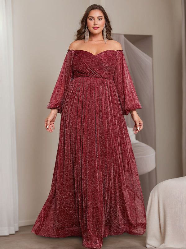 A-Line/Princess Off-The-Shoulder Long Sleeves Floor-Length Plus Size Mother Of E Bride Dresses With Ruffles BabaMila