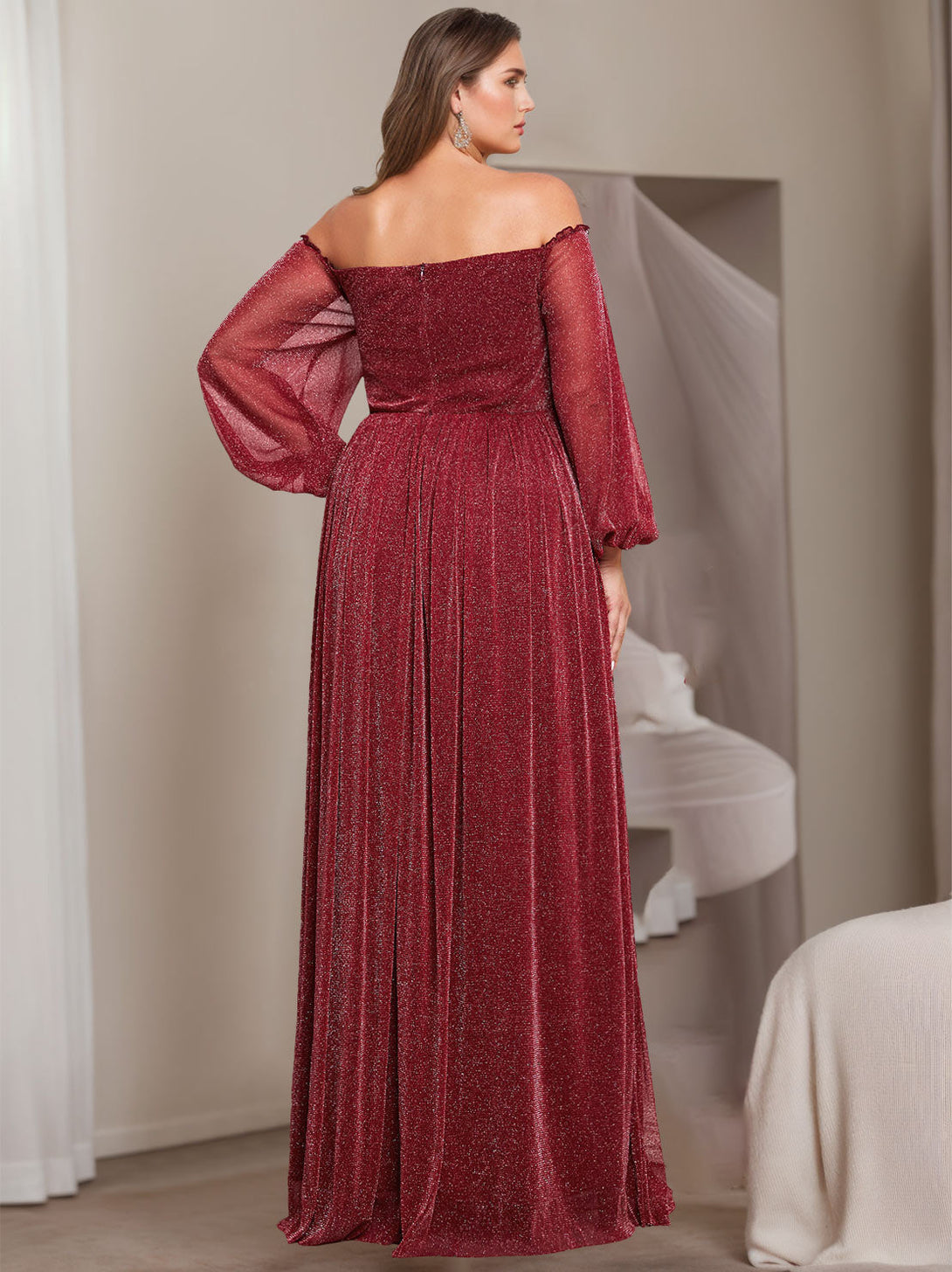 A-Line/Princess Off-The-Shoulder Long Sleeves Floor-Length Plus Size Mother Of E Bride Dresses With Ruffles BabaMila